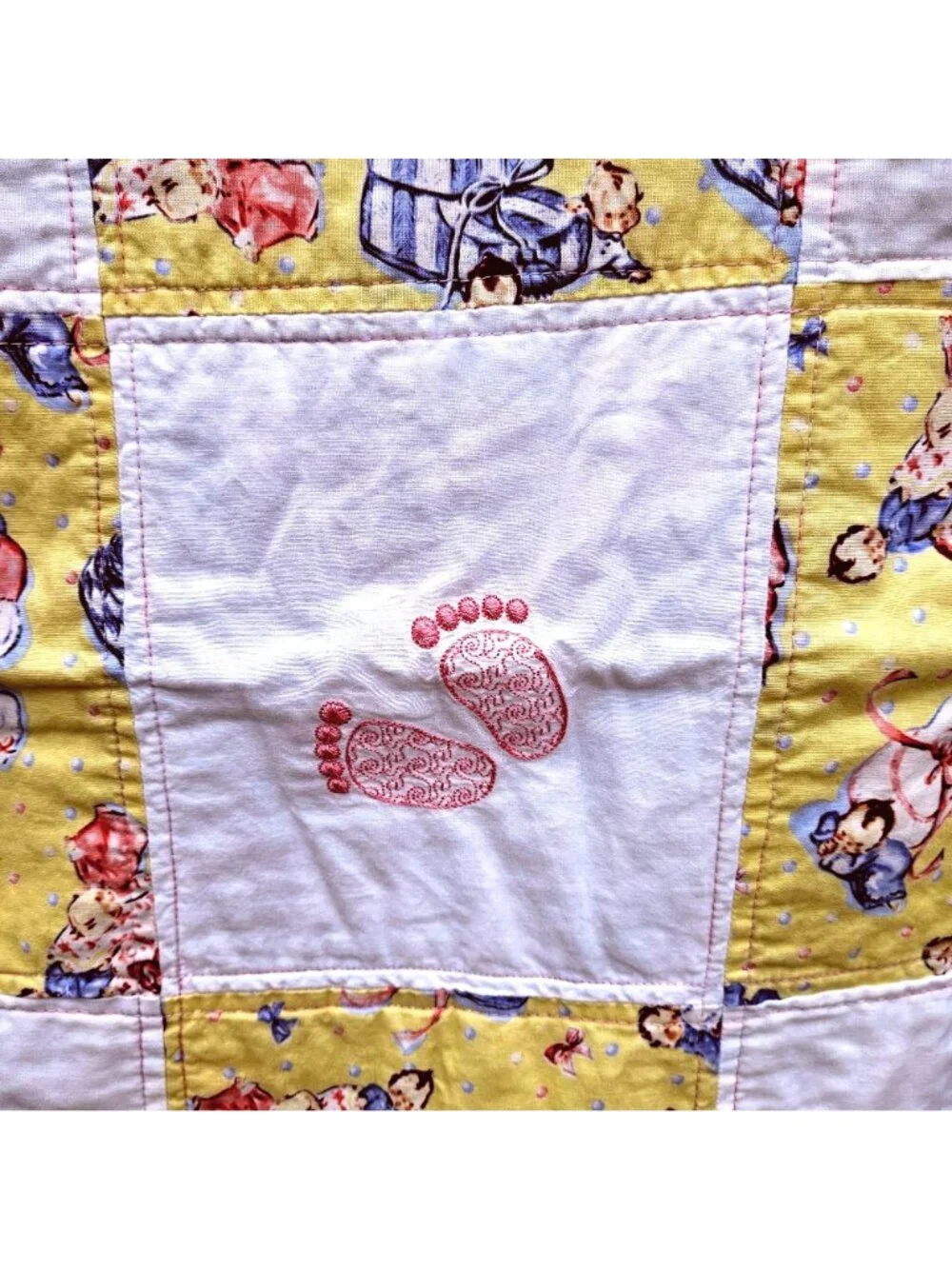 Vintage Baby Quilt Girl Pink Yellow Cotton Machine Embroidery 42x39